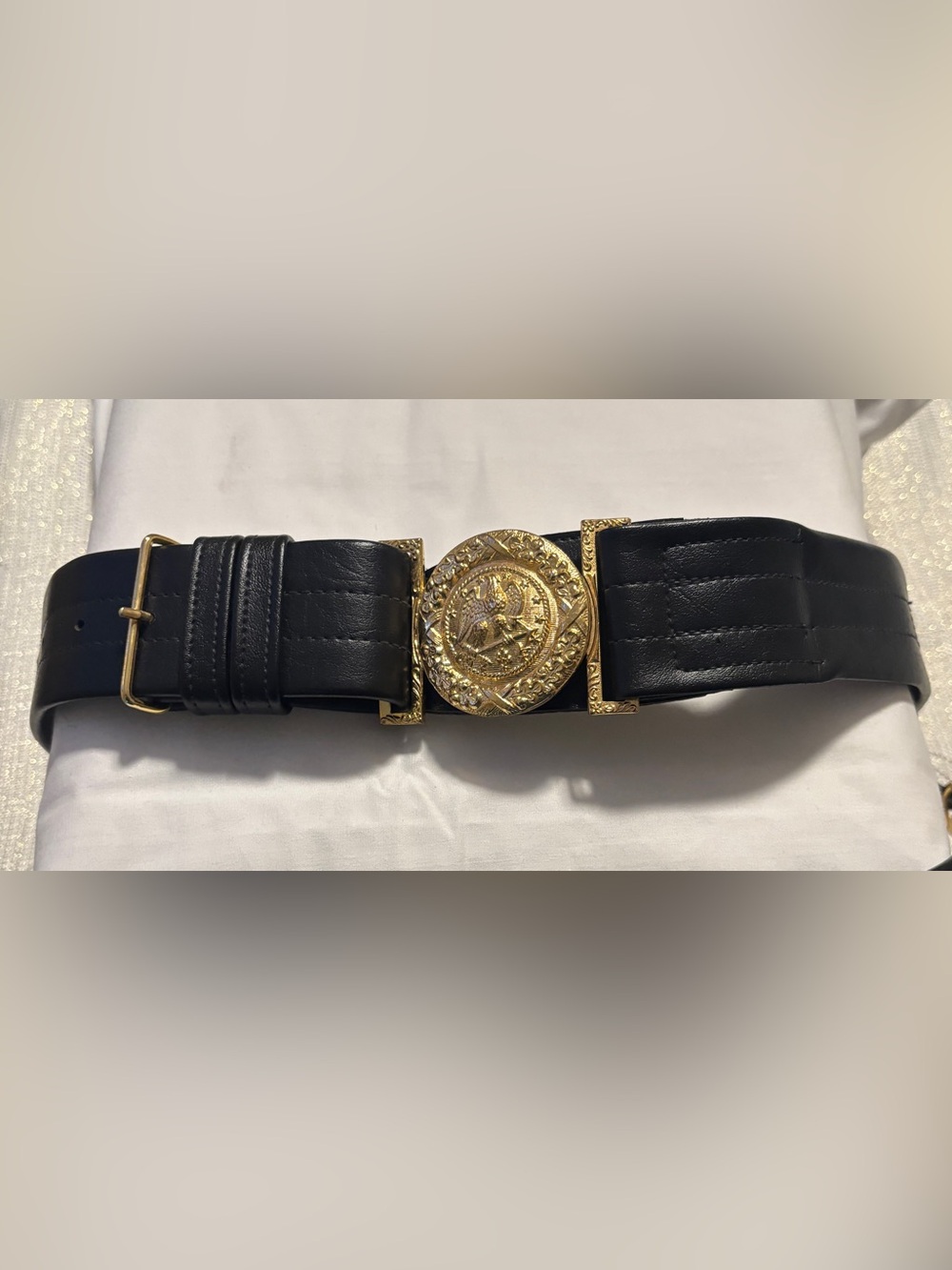 Vanguard Military Sword Belt Men's Black Leather with Gold Medallion Buckle
